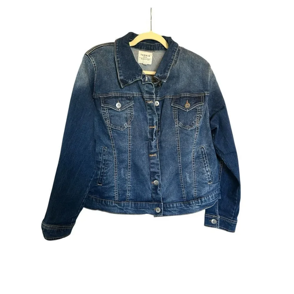 Torrid Women’s Denim Jean Jacket Size 2X Dark Wash Stretch Button Front Pockets